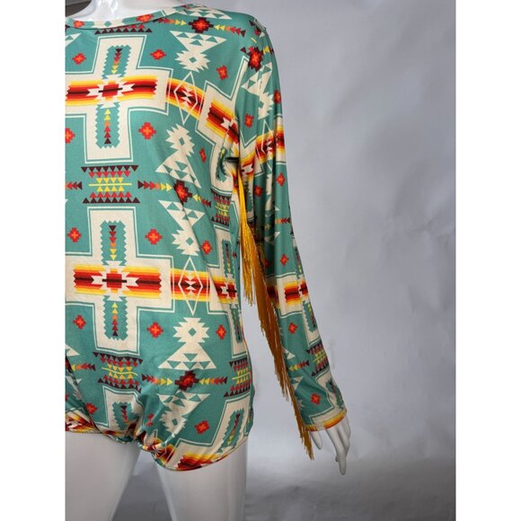 GG Western Wear Aztec Print Long Sleeve Fringe Body Suit - Picture 11 of 16